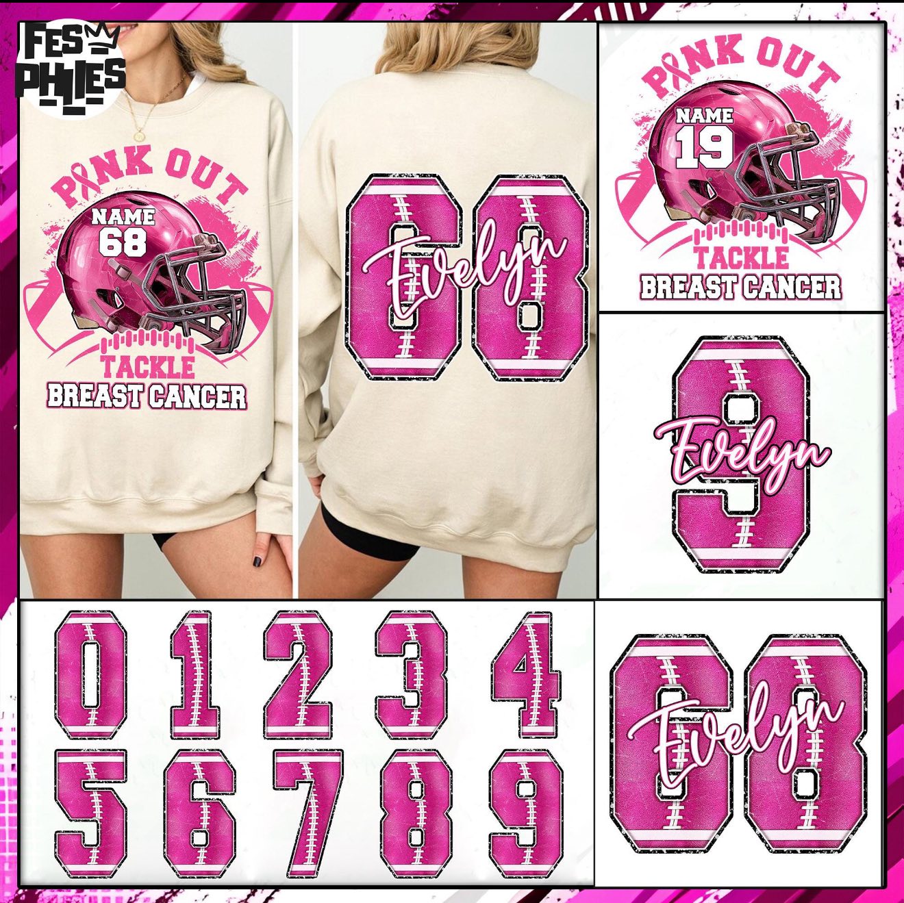 CUSTOM-PINK OUT TACKLE BREAST CANCER HELMET DTF TRANSFER