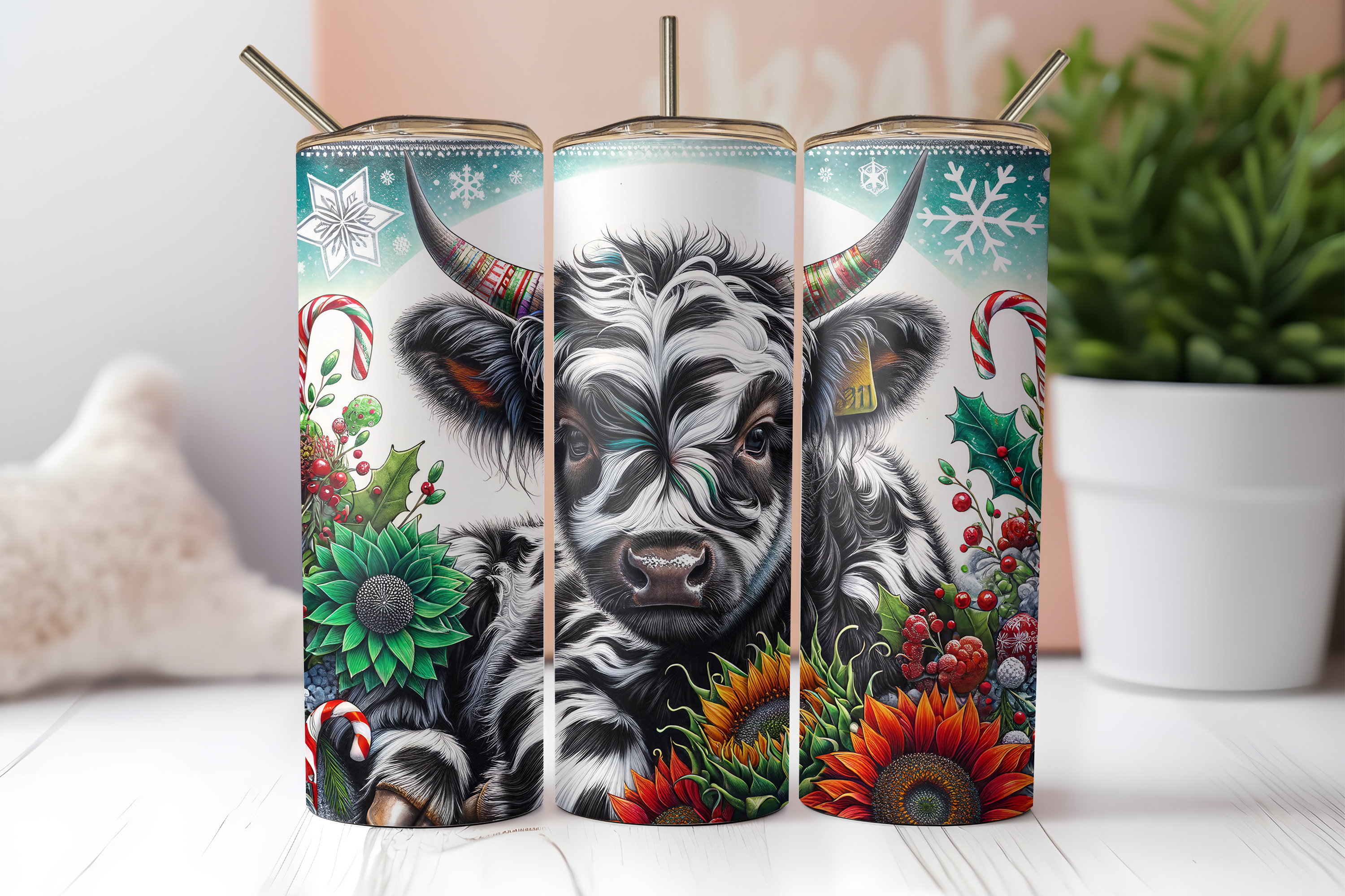CHRISTMAS HIGHLAND COW SUNFLOWERS FINISHED TUMBLER OR TRANSFER