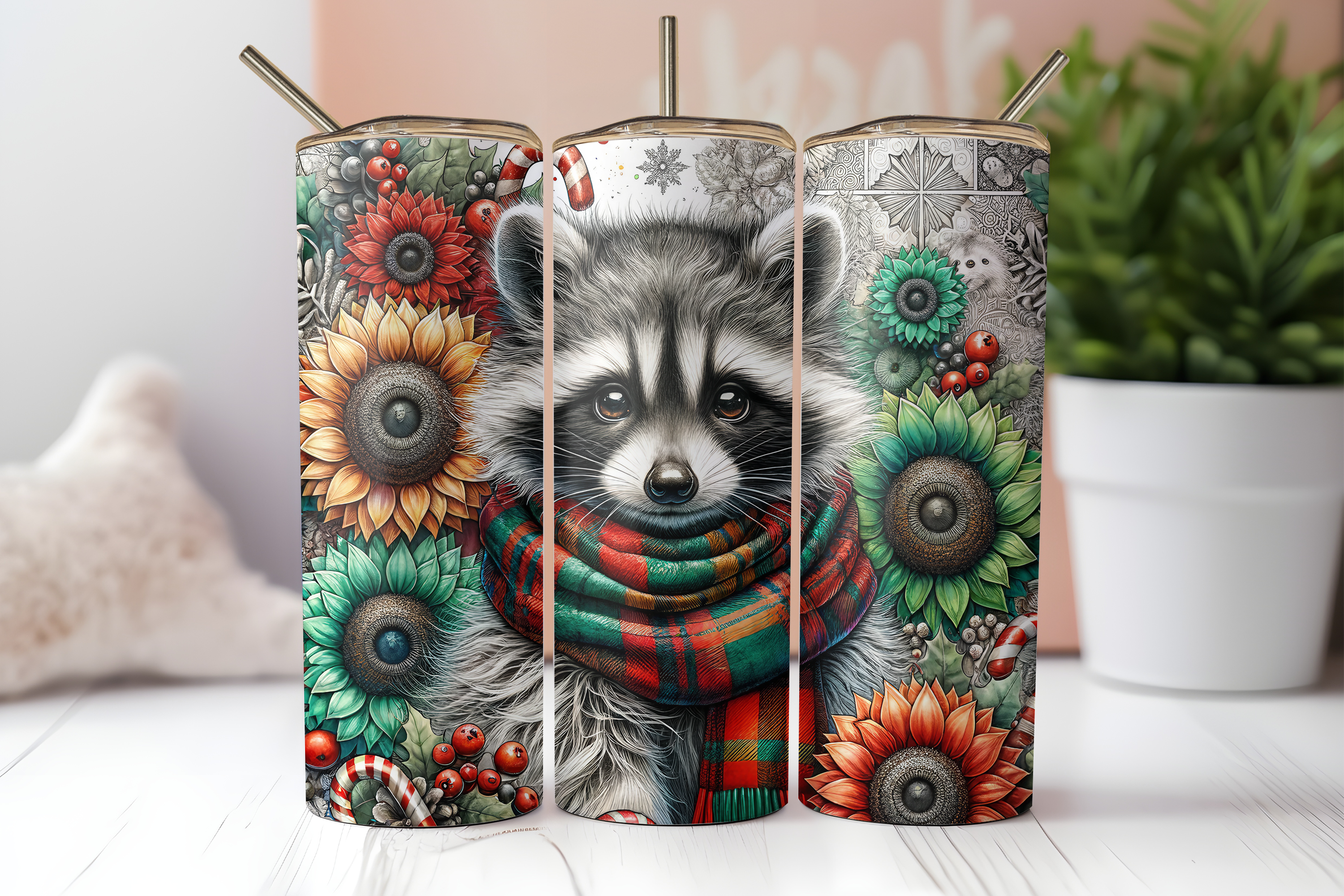 RACOON SUNFLOWER CHRISTMAS FINISHED TUMBLER OR TRANSFER