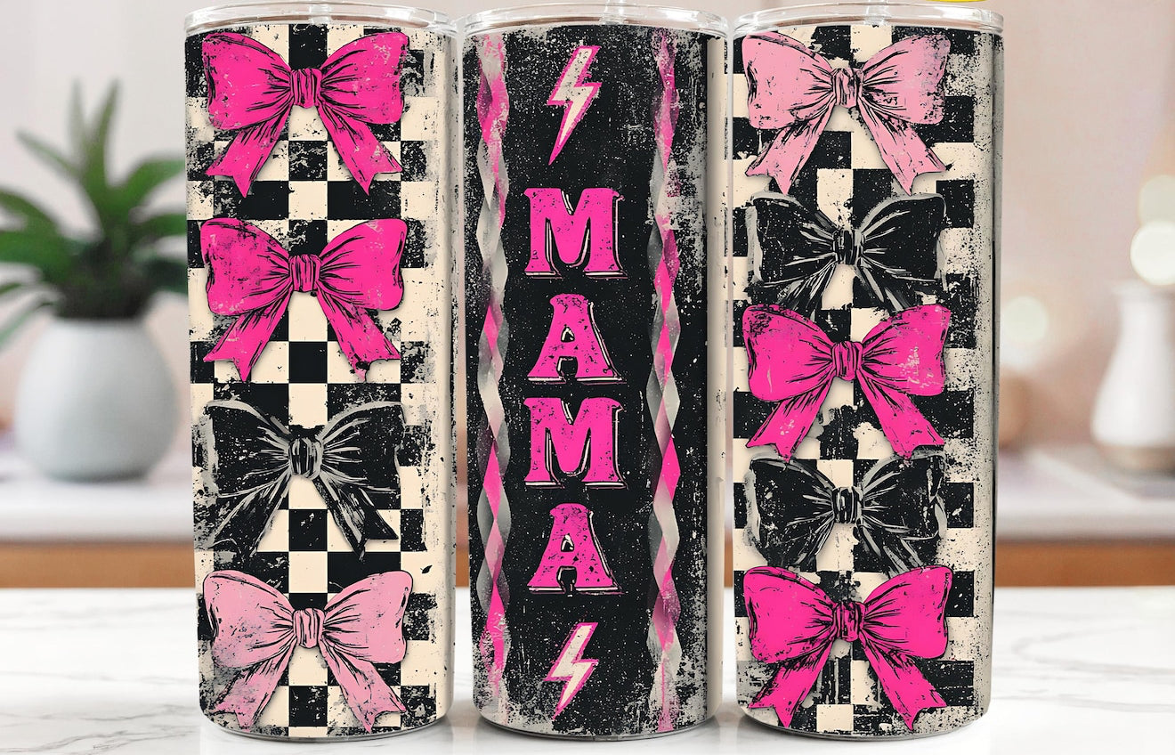 HOT PINK CHECKERED MAMA FINISHED TUMBLER OR TRANSFER