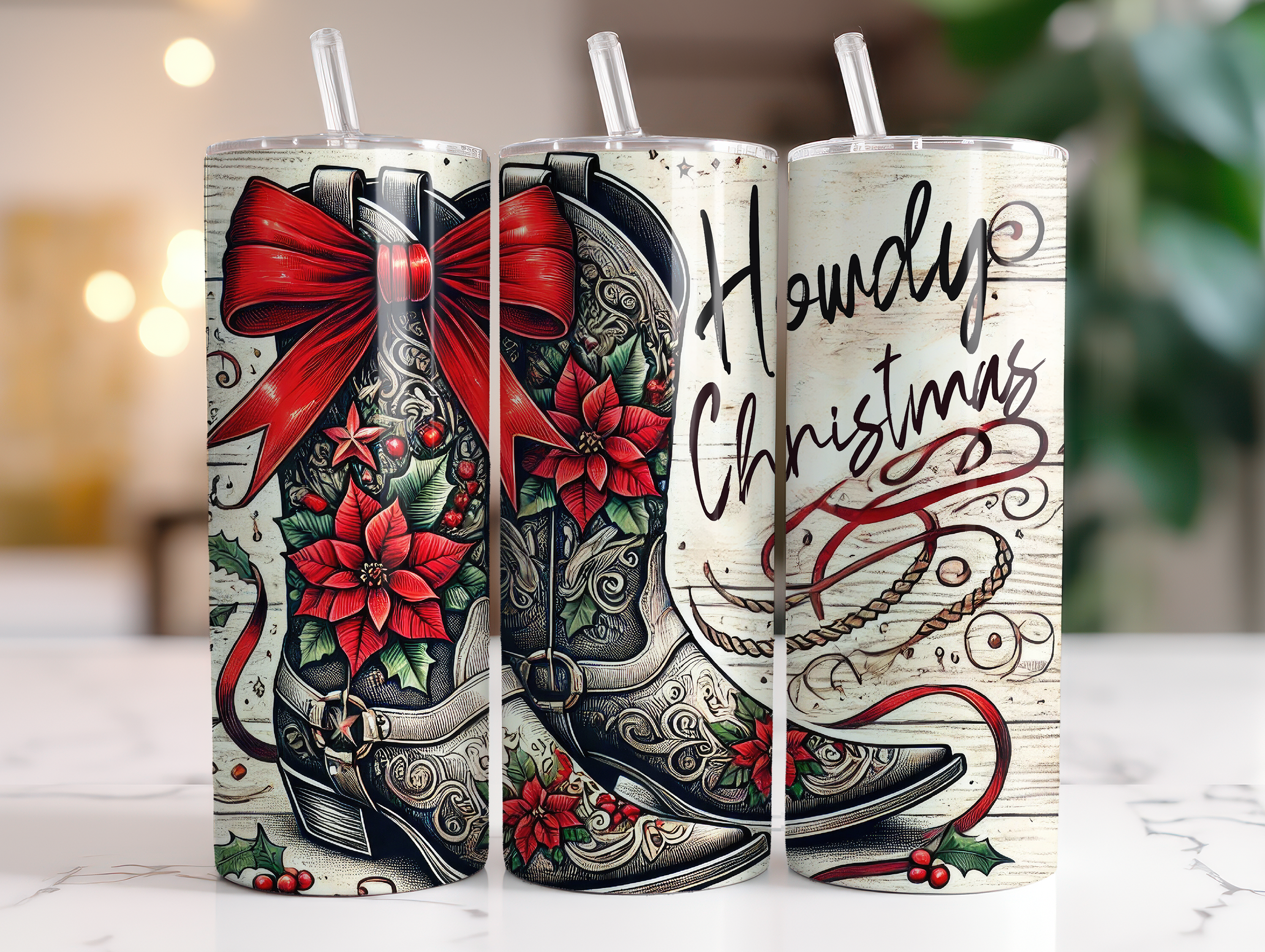 HOWDY CHRISTMAS BOOTS FINISHED TUMBLER OR TRANSFER
