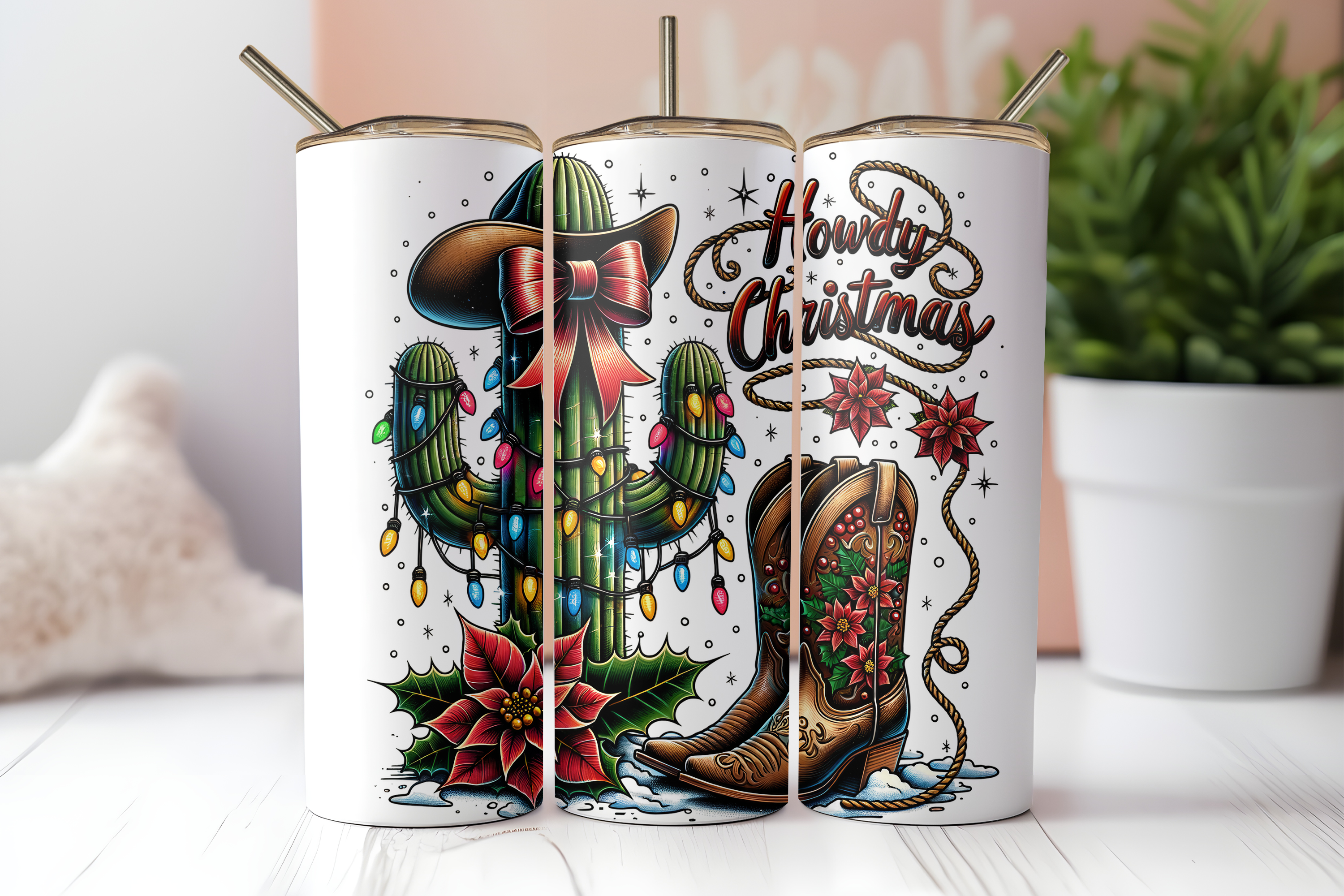 HOWDY CHRISTMAS CACTUS FINISHED TUMBLER OR TRANSFER