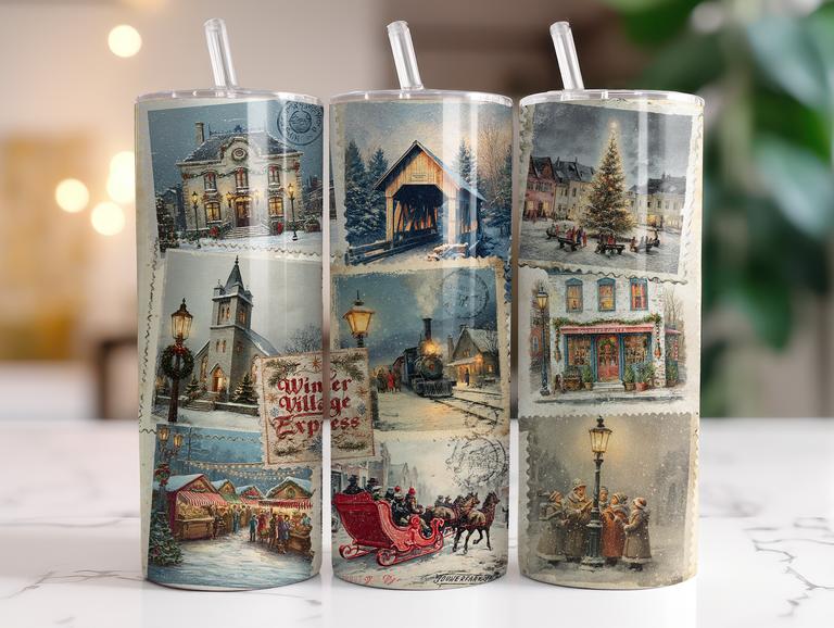 VINTAGE CHRISTMAS STAMPS FINISHED TUMBLER OR TRANSFER