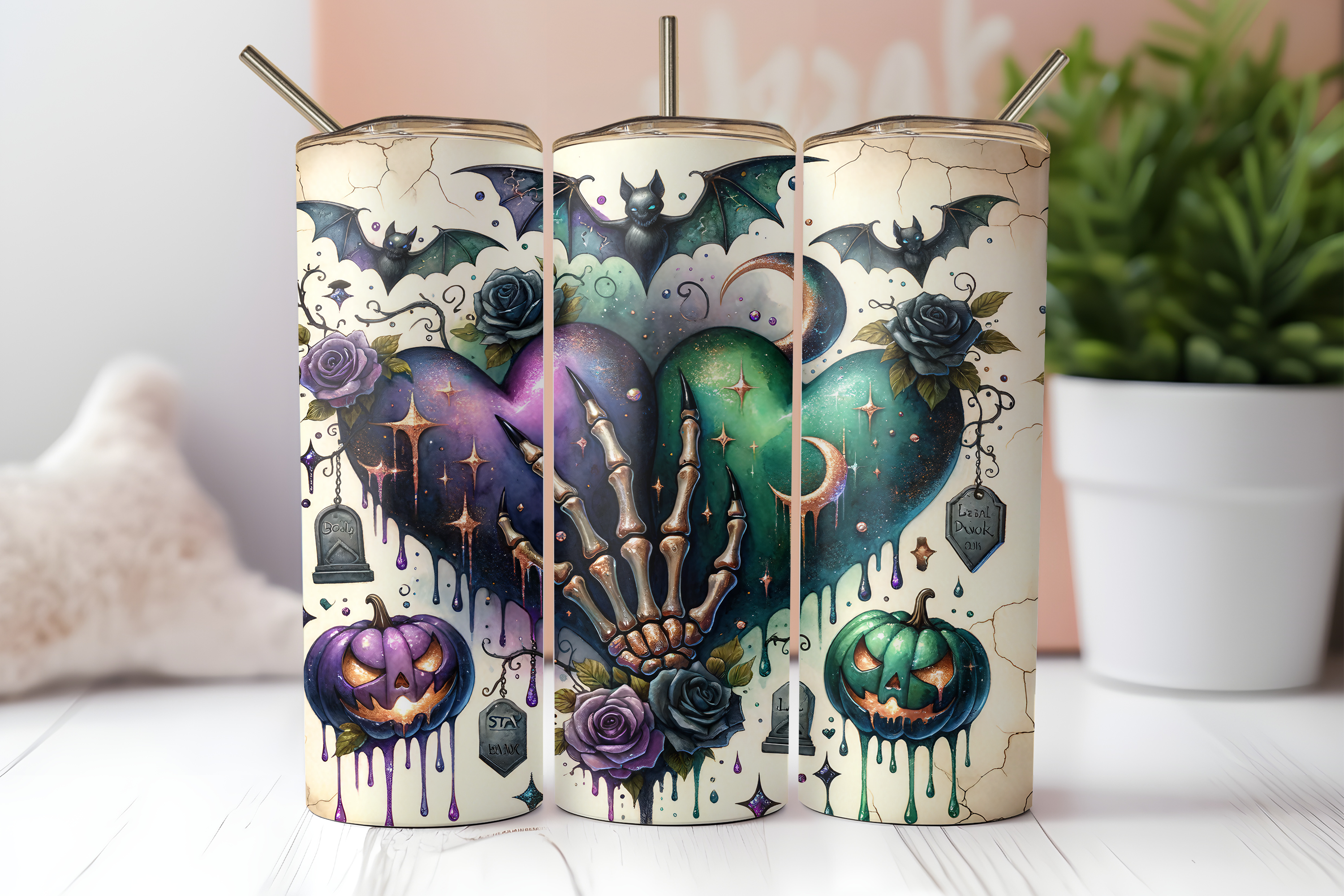 SPOOKY SKELETON HANDS FINISHED TUMBLER OR TRANSFER