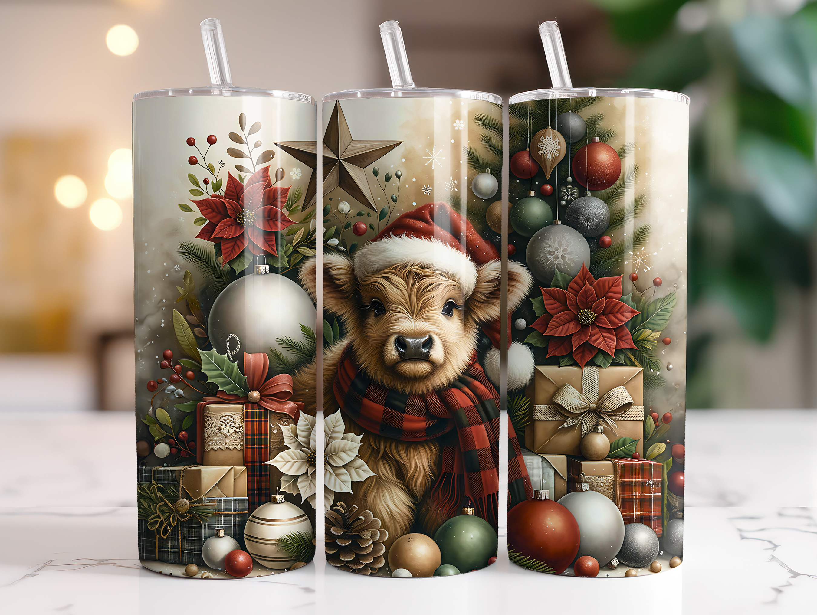COUNTRY HIGHLAND COW CHRISTMAS FINISHED TUMBLER OR TRANSFER