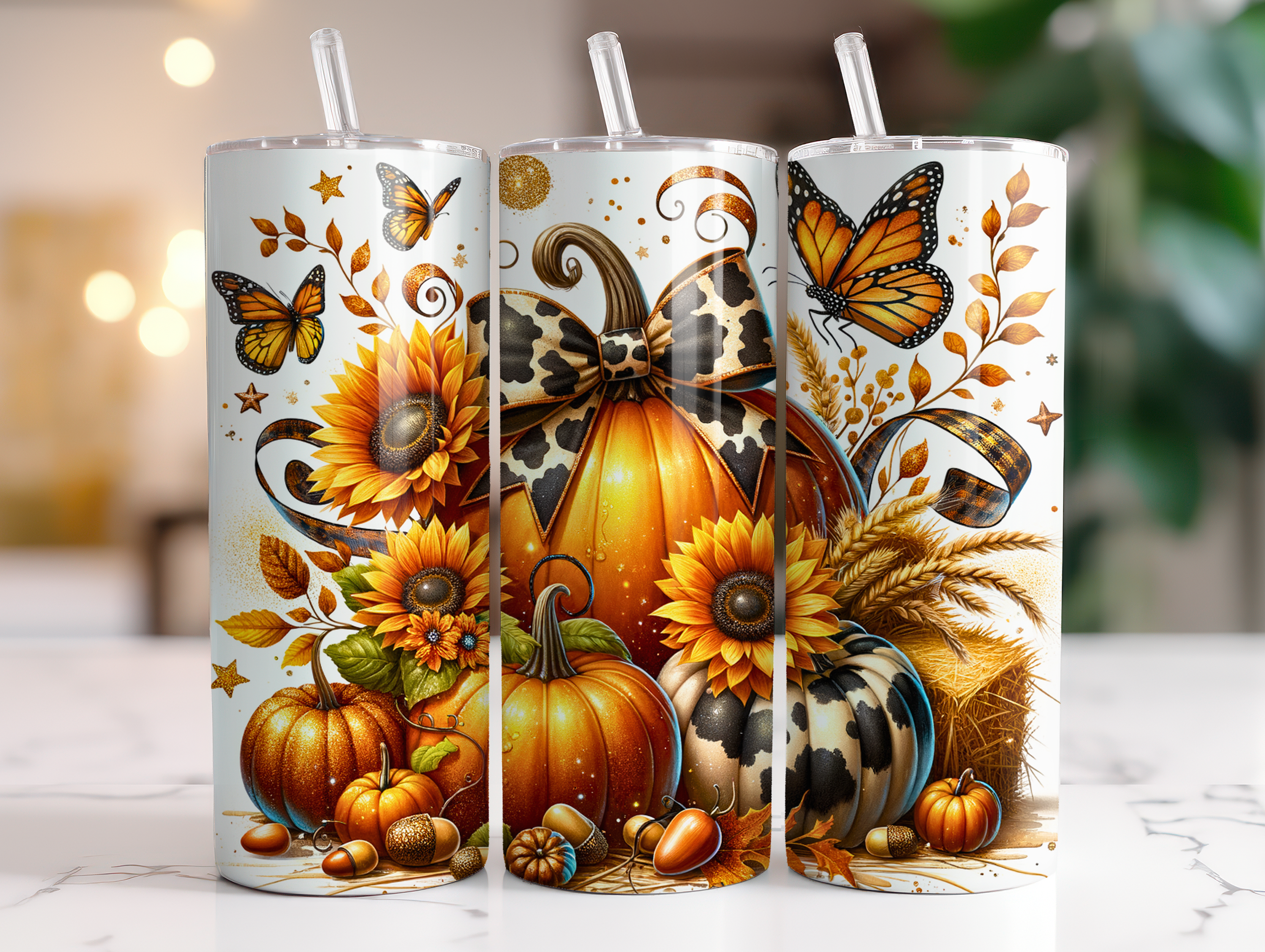COW PRINT FALL PUMPKINS FINISHED TUMBLER OR TRANSFER