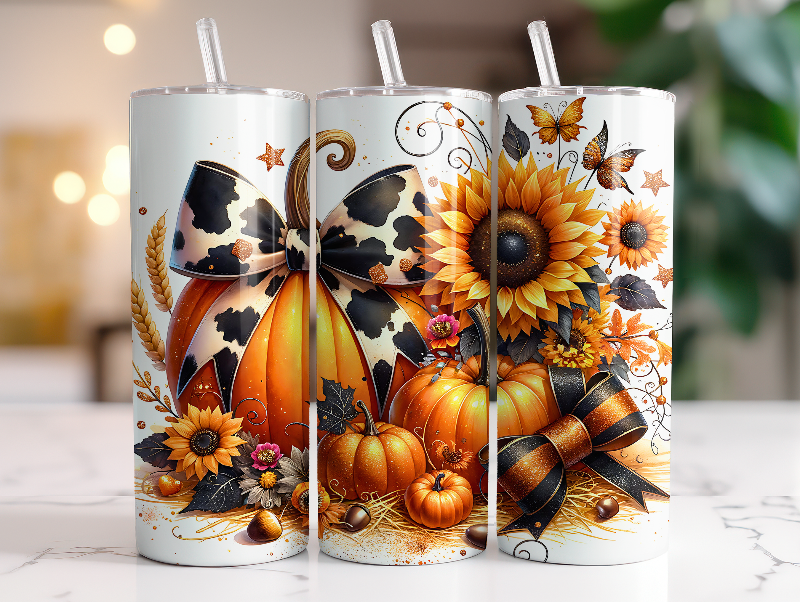 COW PRINT FALL PUMPKINS SPARKLE FINISHED TUMBLER OR TRANSFER