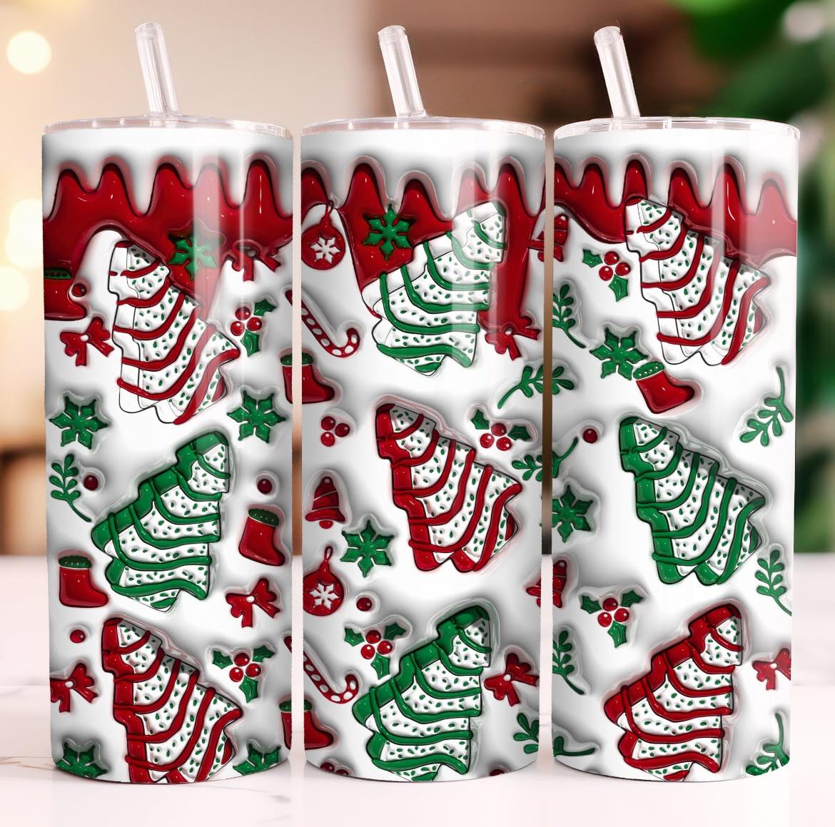 CHRISTMAS TREES PUFF FINISHED TUMBLER OR TRANSFER