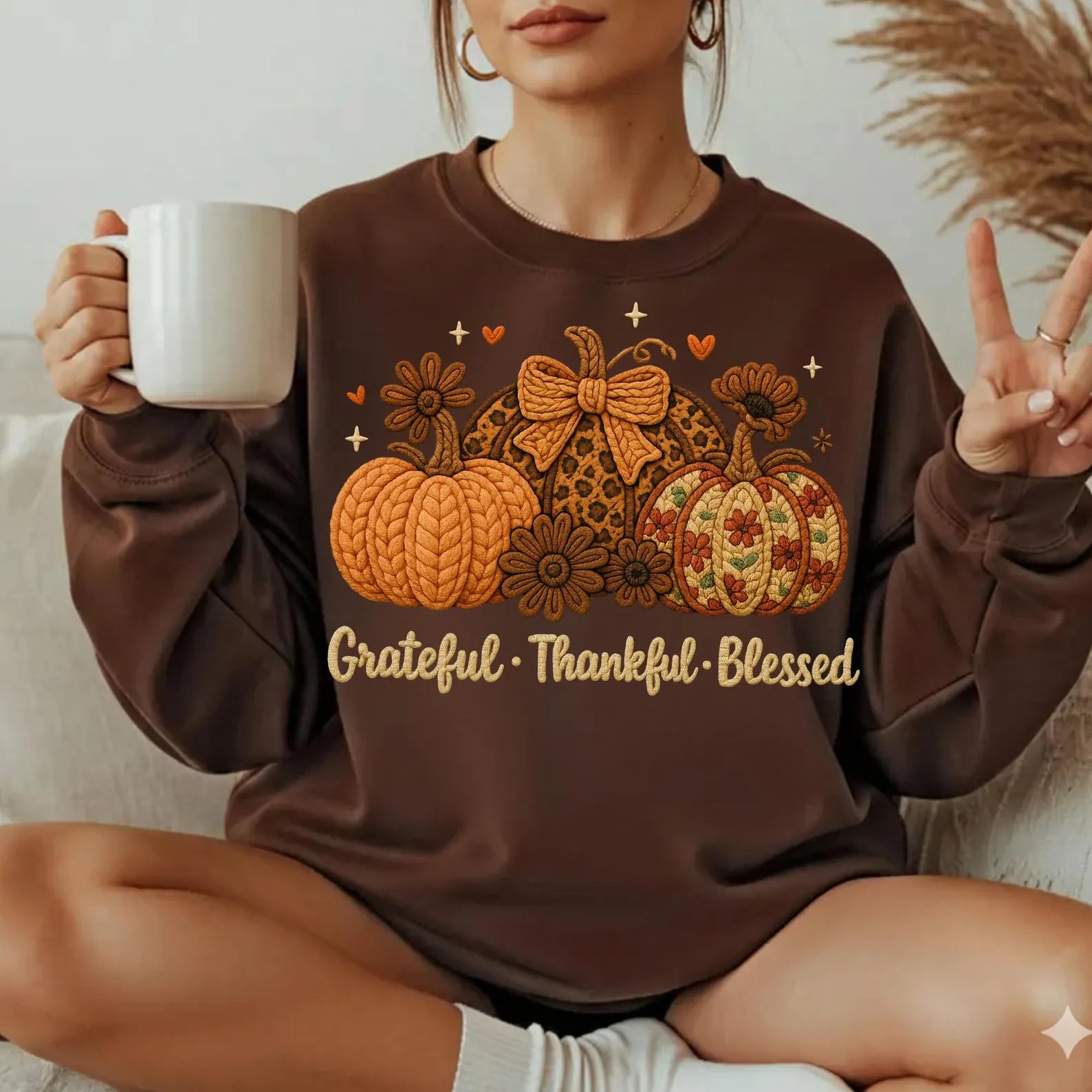 FAUX YARN THANKFUL GRATEFUL BLESSED PUMPKINS DTF TRANSFER