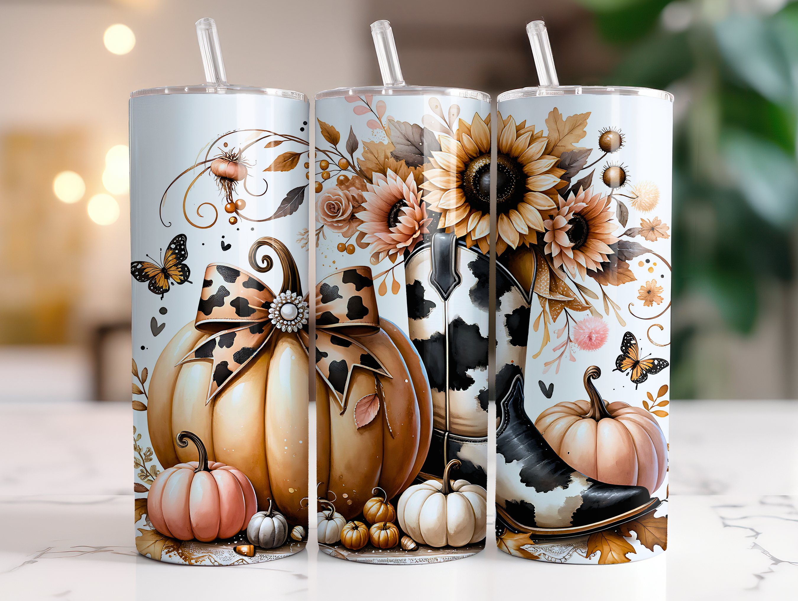 PUMPKIN COWPRINT BOOTS FINISHED TUMBLER OR TRANSFER