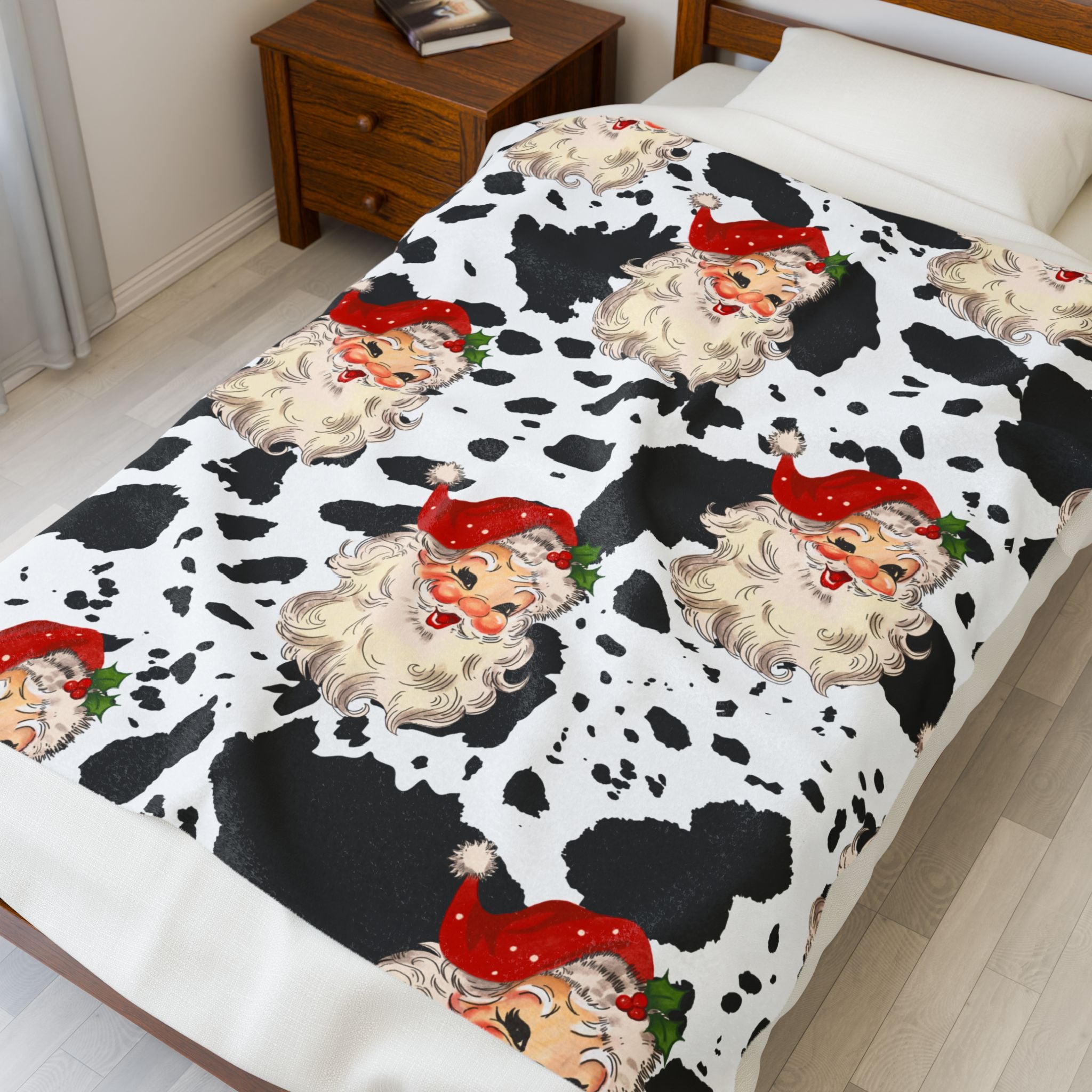 Velveteen Plush Blanket — Retro Santa Face Cow Print Holiday Throw