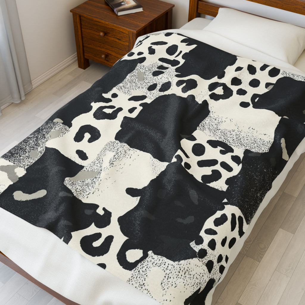 Plush Blanket - Black Patchwork Leopard Design