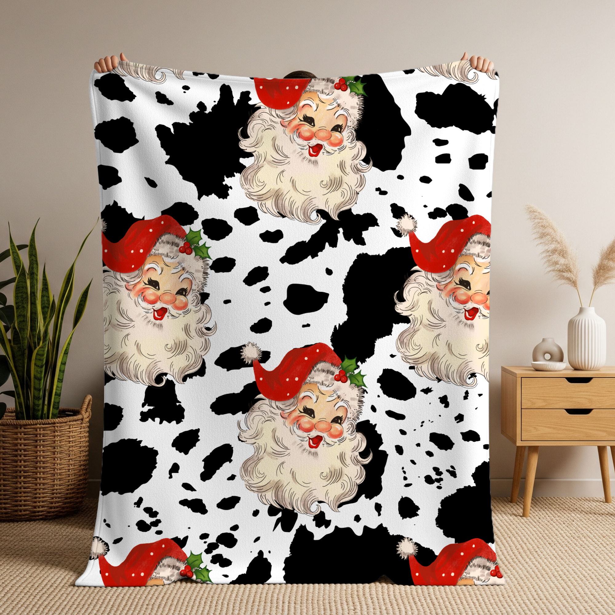 Velveteen Plush Blanket — Retro Santa Face Cow Print Holiday Throw