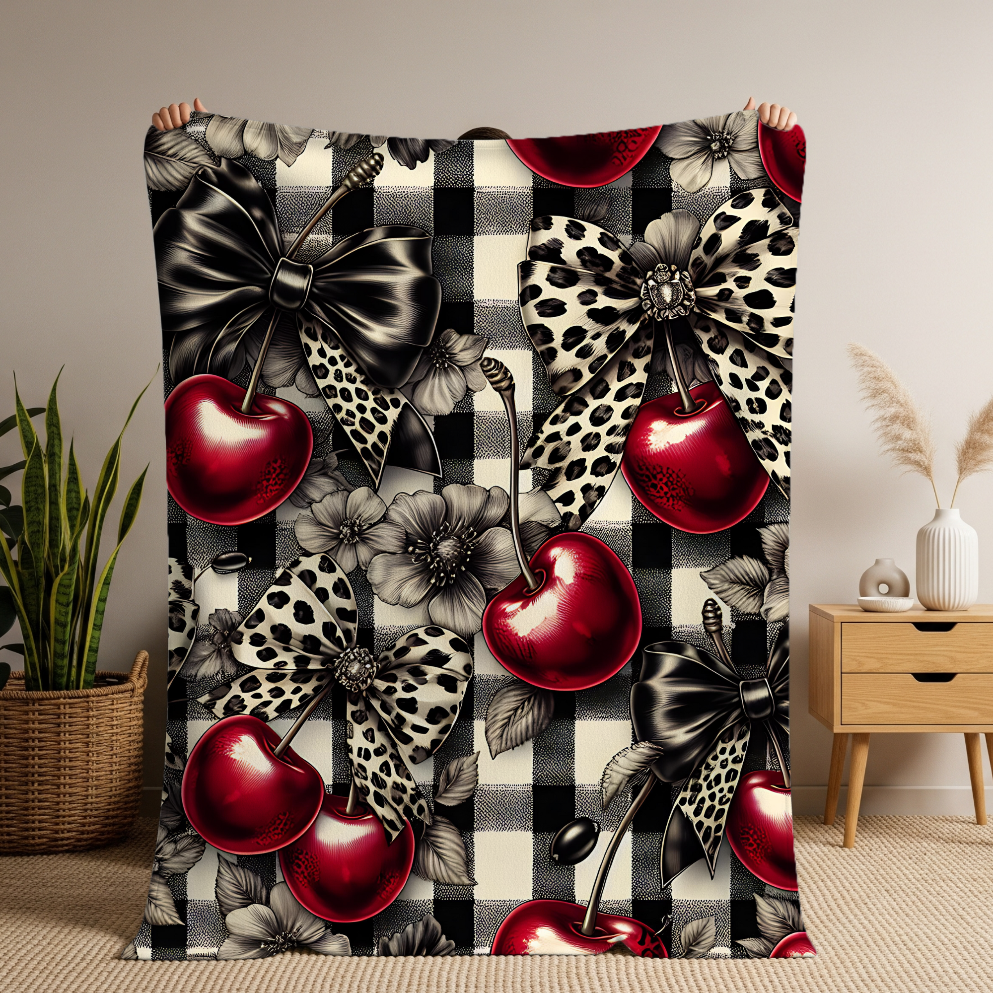 Velveteen Plush Blanket — Coquette Leopard Cherries