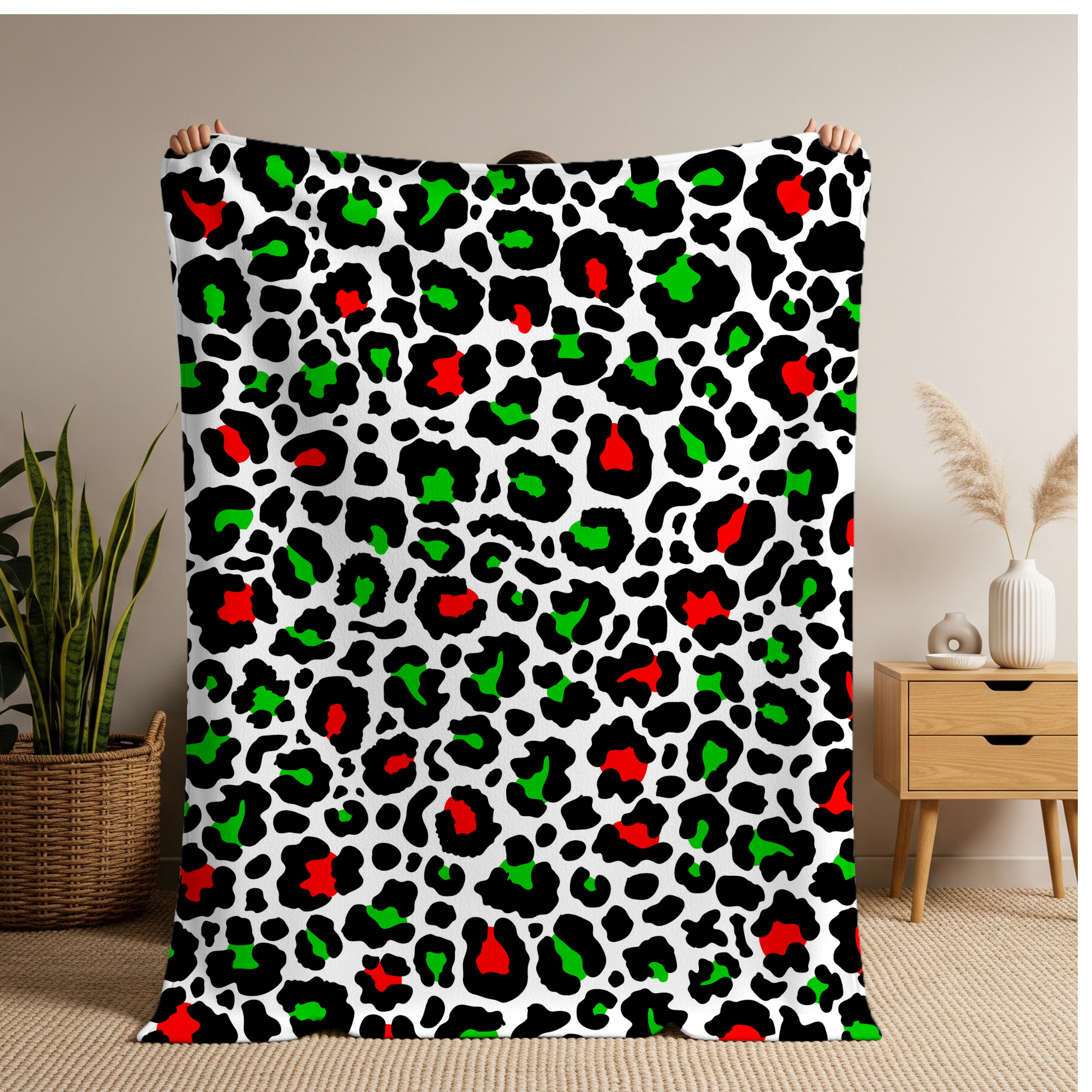 Velveteen Plush Blanket —Red and Green Christmas Leopard