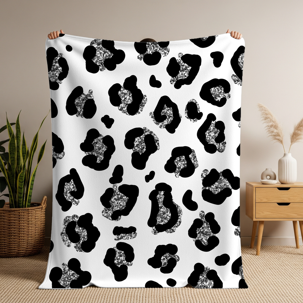 Velveteen Plush Blanket - Black Leopard Glitter