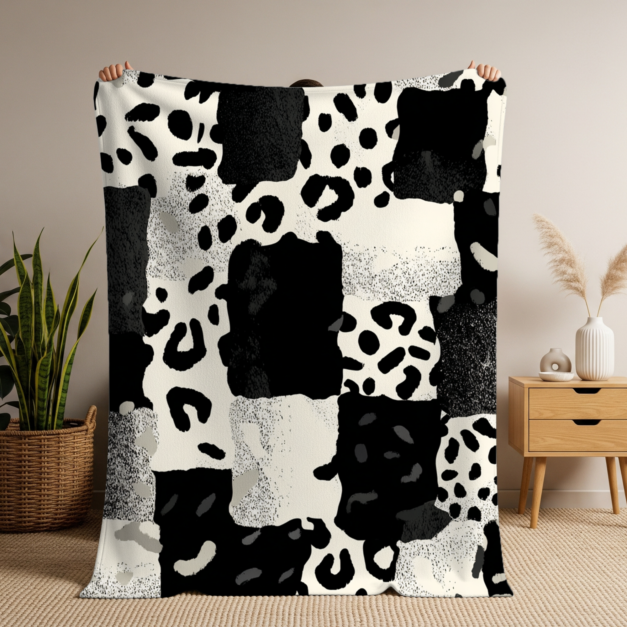 Plush Blanket - Black Patchwork Leopard Design