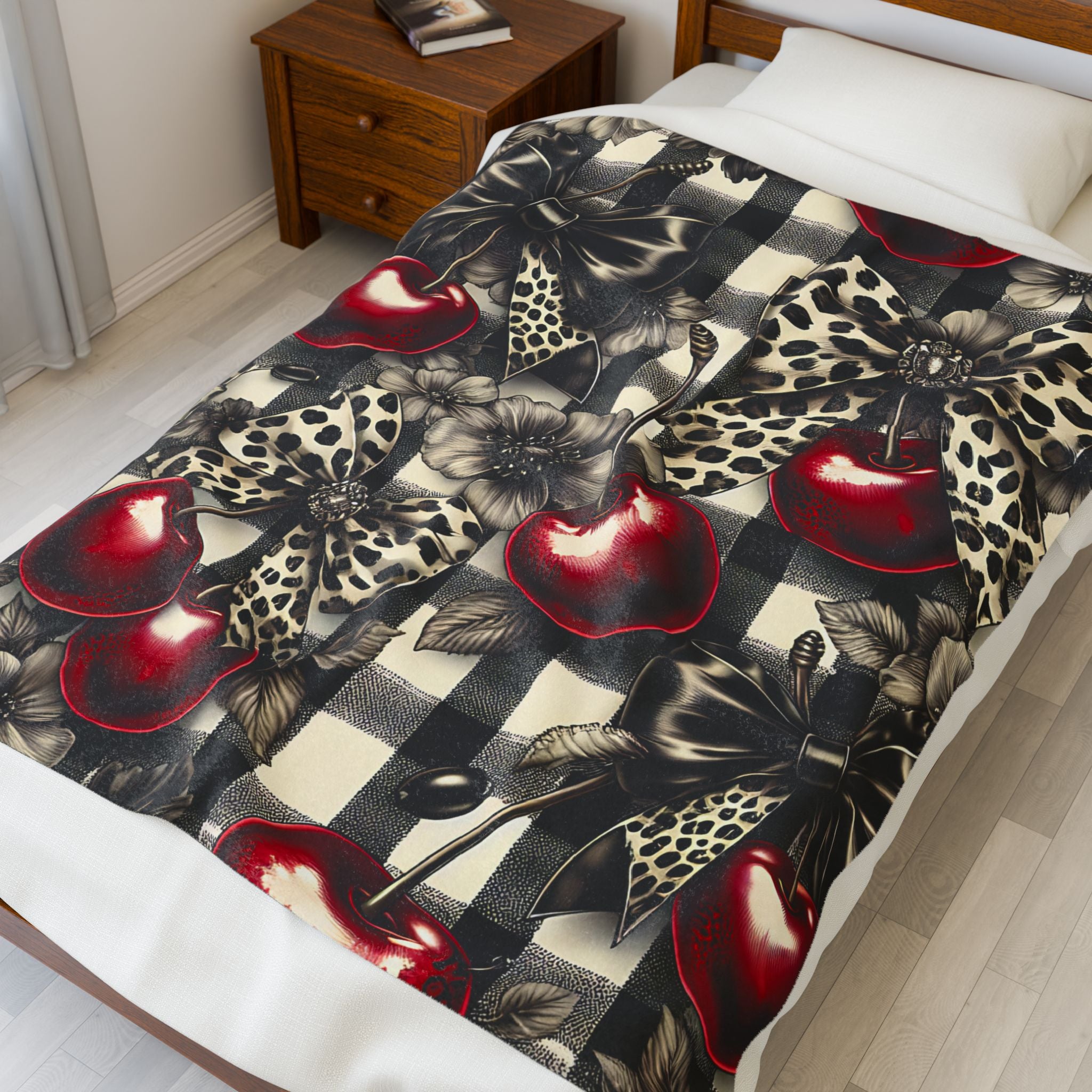 Velveteen Plush Blanket — Coquette Leopard Cherries