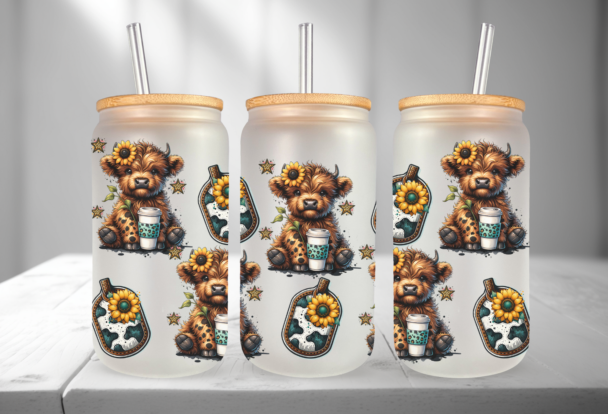 SUNFLOWER HIGHLAND COW 16OZ UVDTF TRANSFER