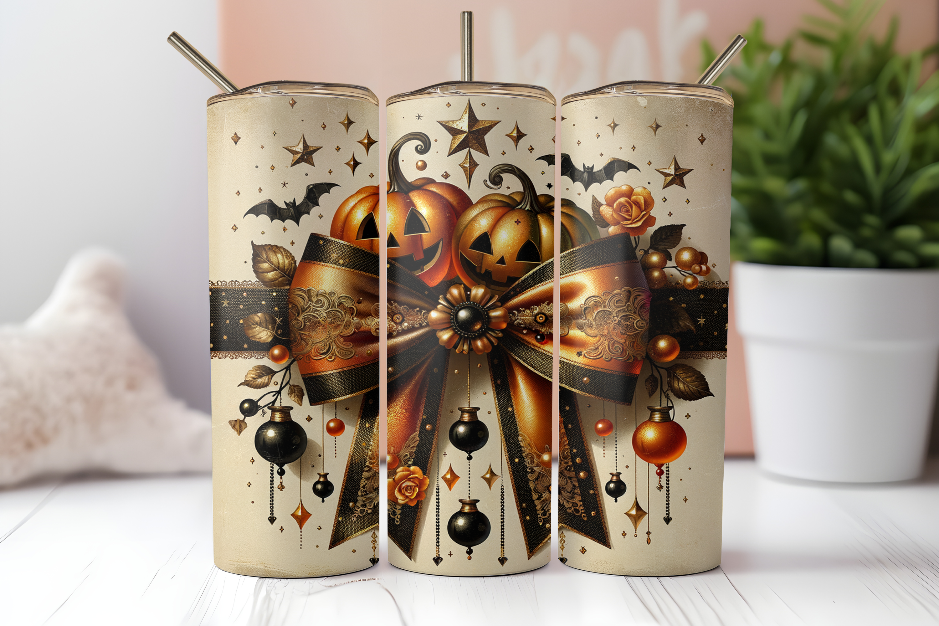 HALLOWEEN COQUETTE BOW PUMPKIN FINISHED TUMBLER OR TRANSFER