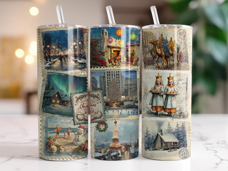 CHRISTMAS STAMPS FINISHED TUMBLER OR TRANSFER