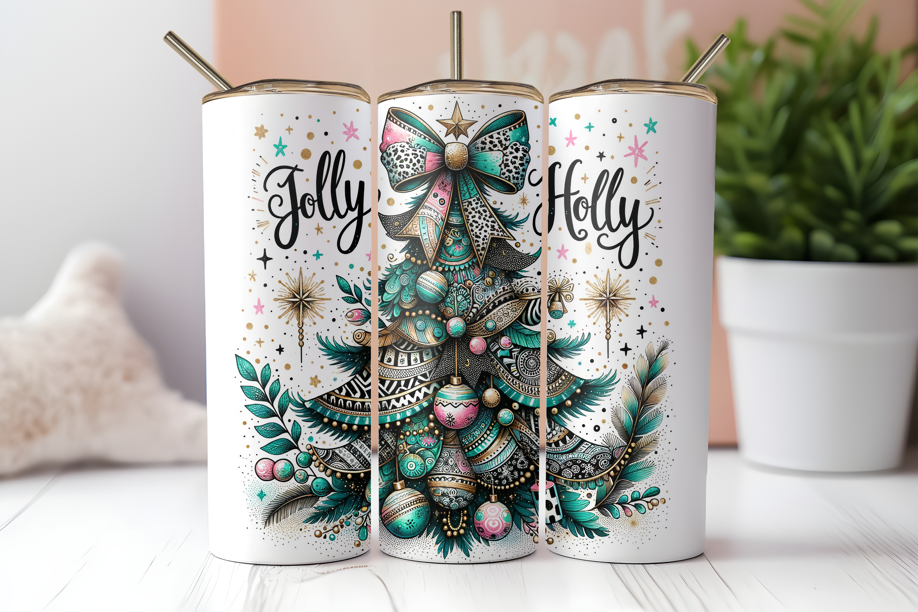 JOLLY HOLLY CHRISTMAS FINISHED TUMBLER OR TRANSFER