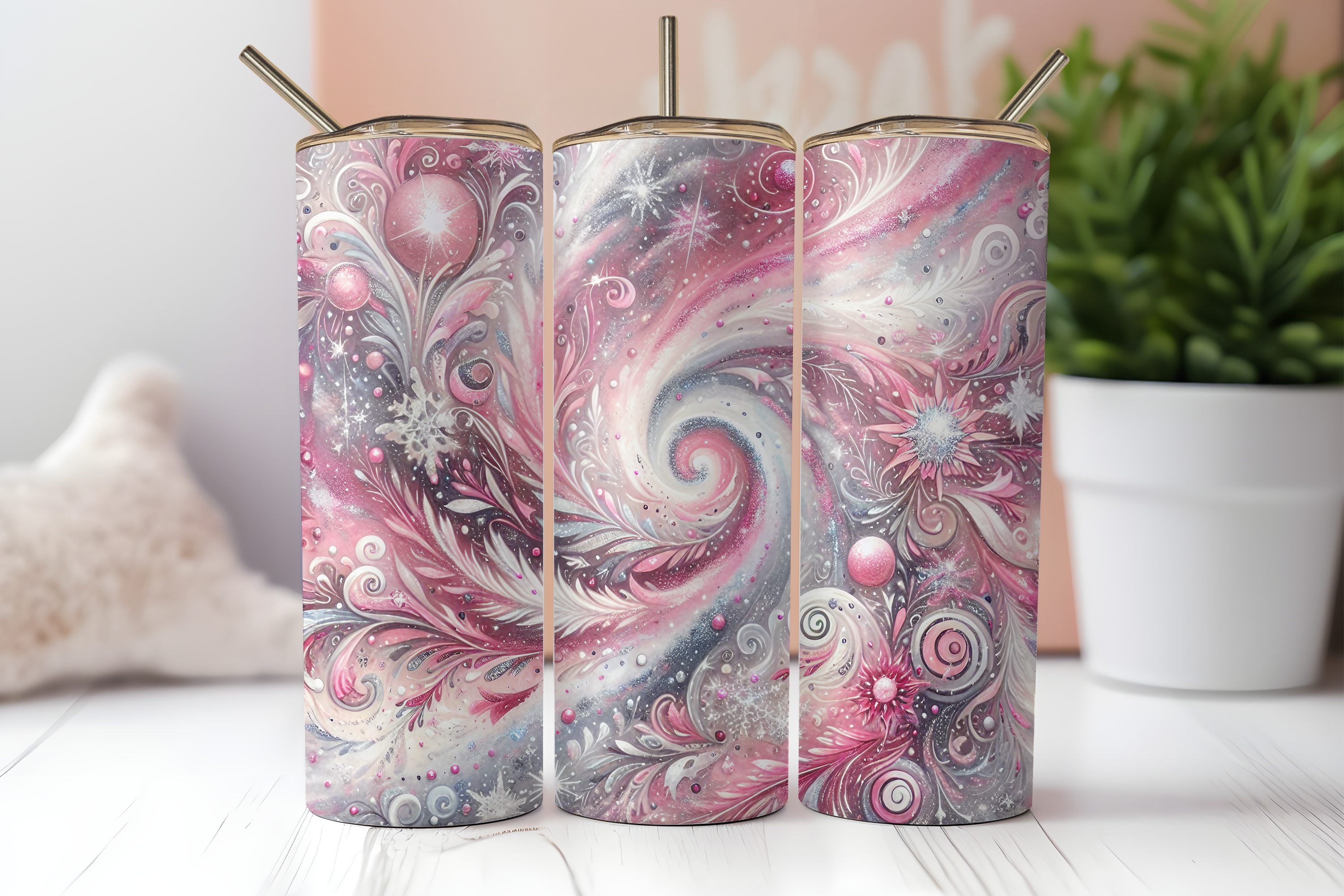 PINK SNOWFLAKE MILKY WAY FINISHED TUMBLER OR TRANSFER