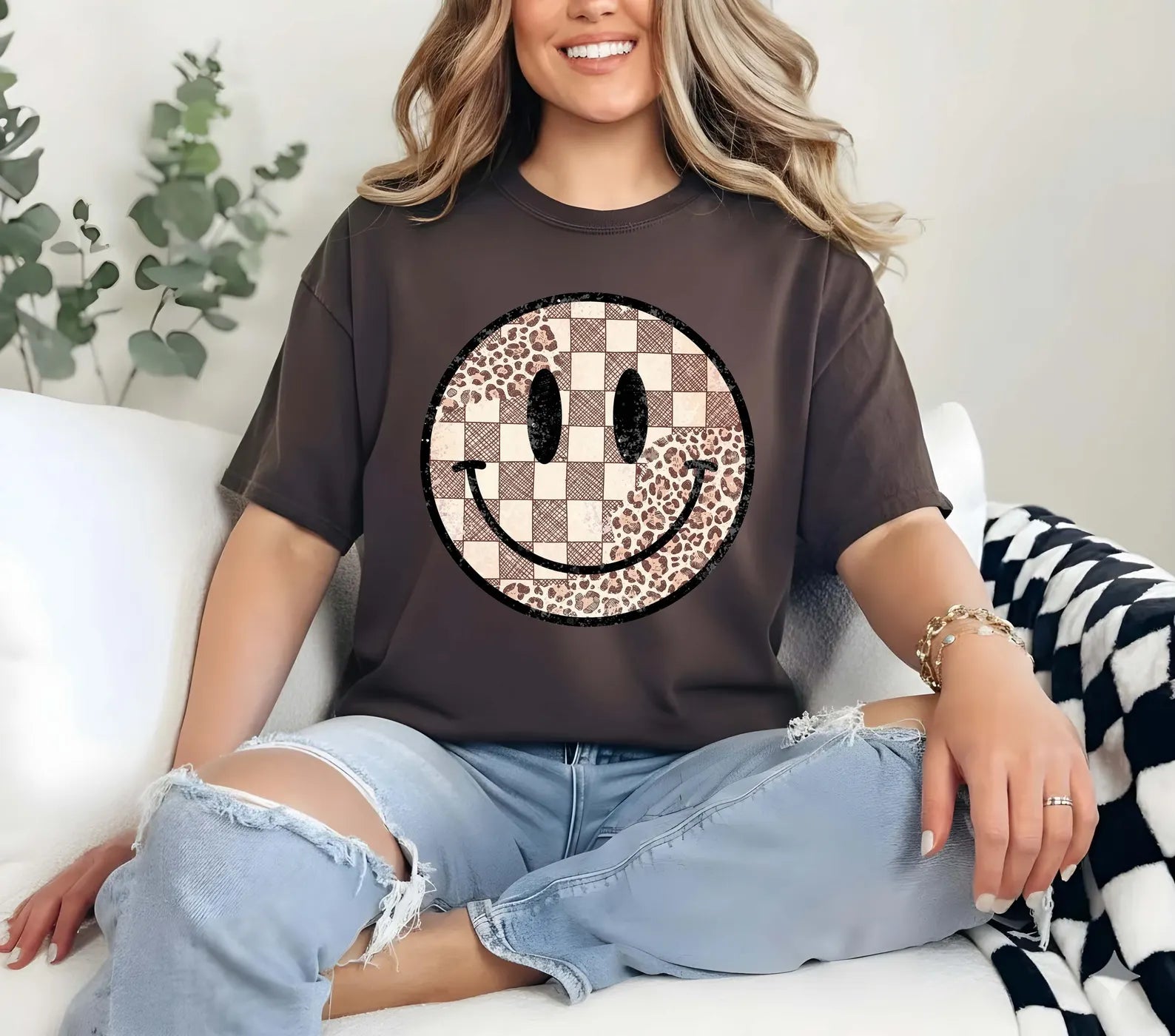 BROWN CHECKERED LEOPARD SMILE DTF TRANSFER
