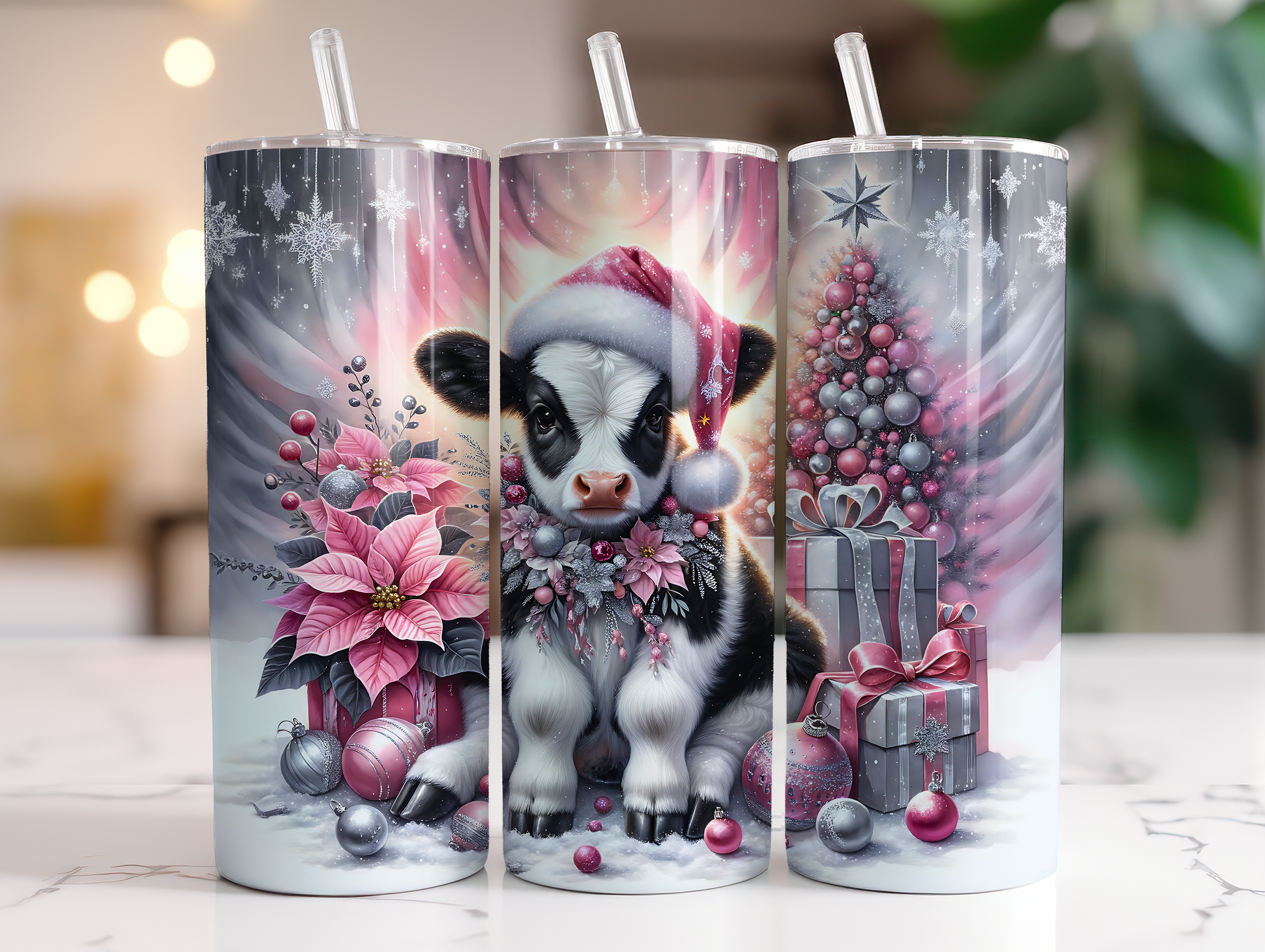 PINK COW CHRISTMAS FINISHED TUMBLER OR TRANSFER