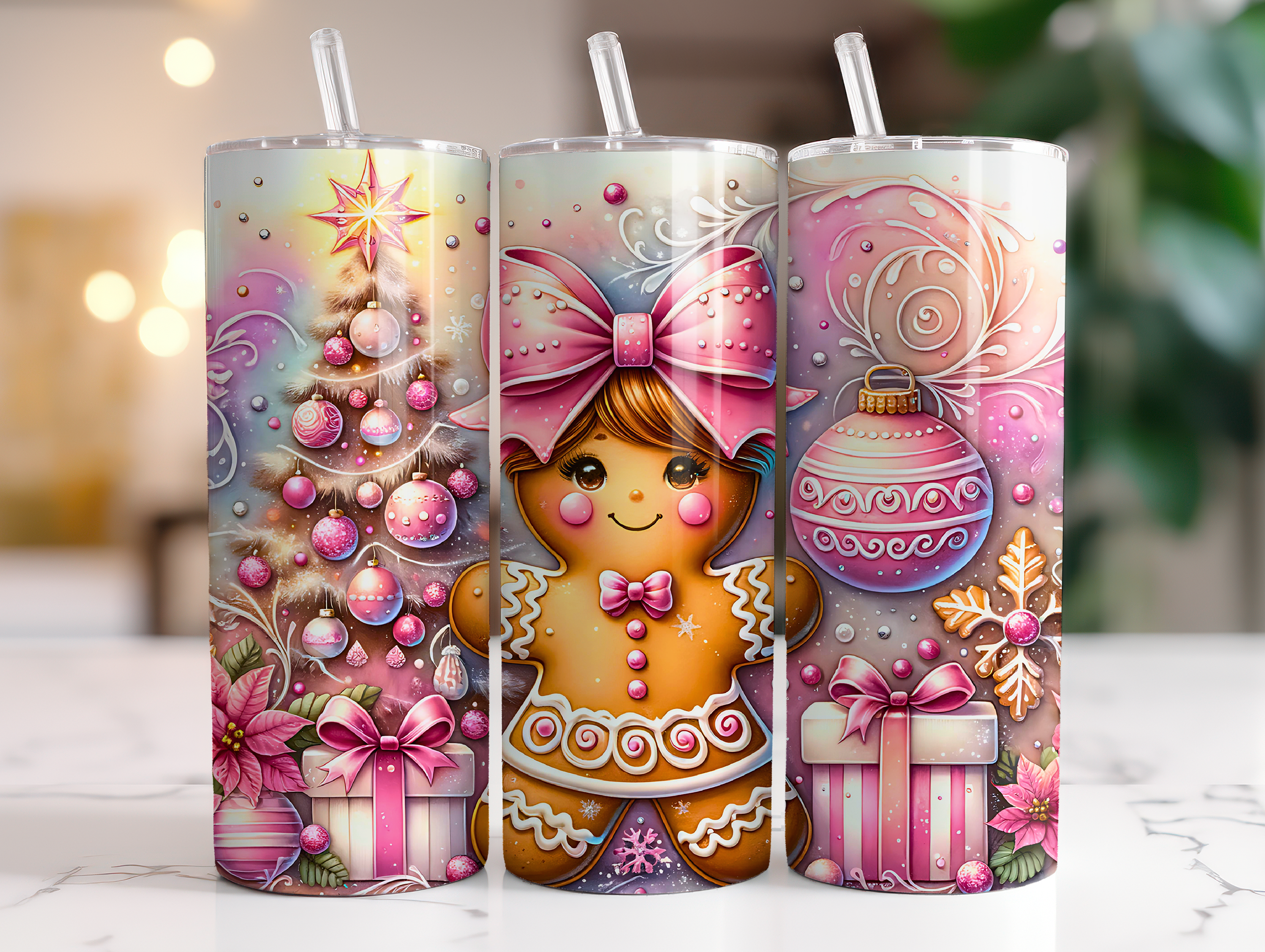 PINK GINGERBREAD CHRISTMAS FINISHED TUMBLER OR TRANSFER